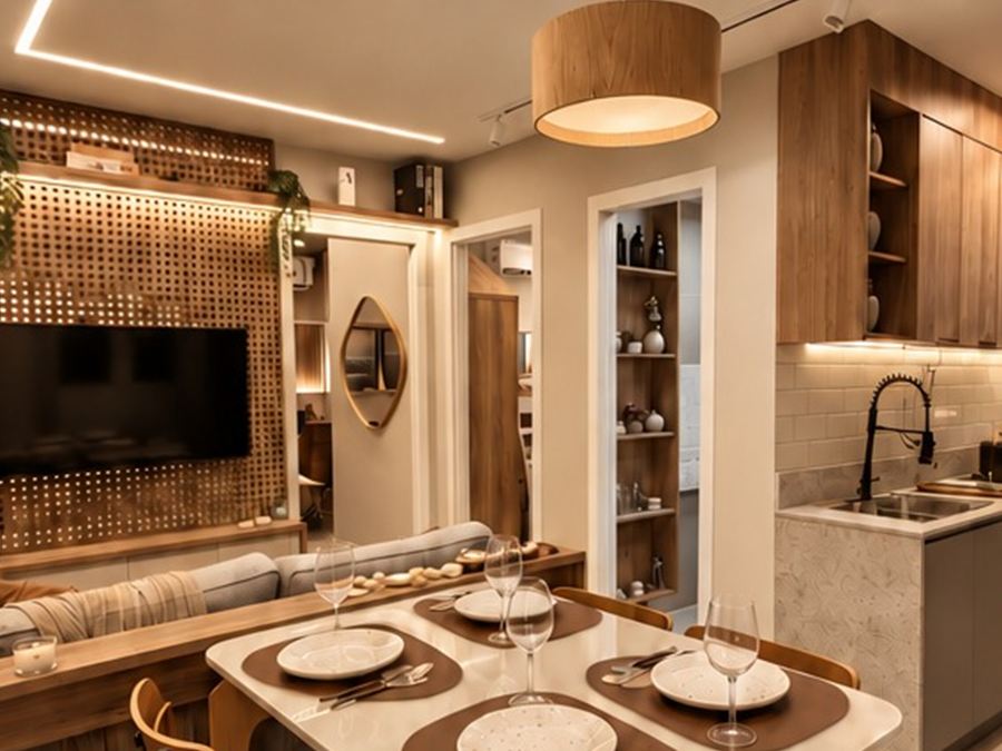 Sala de estar e jantar decorada, com mesa posta e cozinha integrada