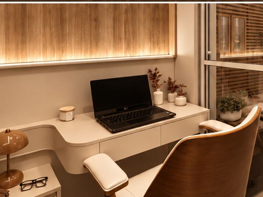 Home office com escrivaninha, cadeira e luminária